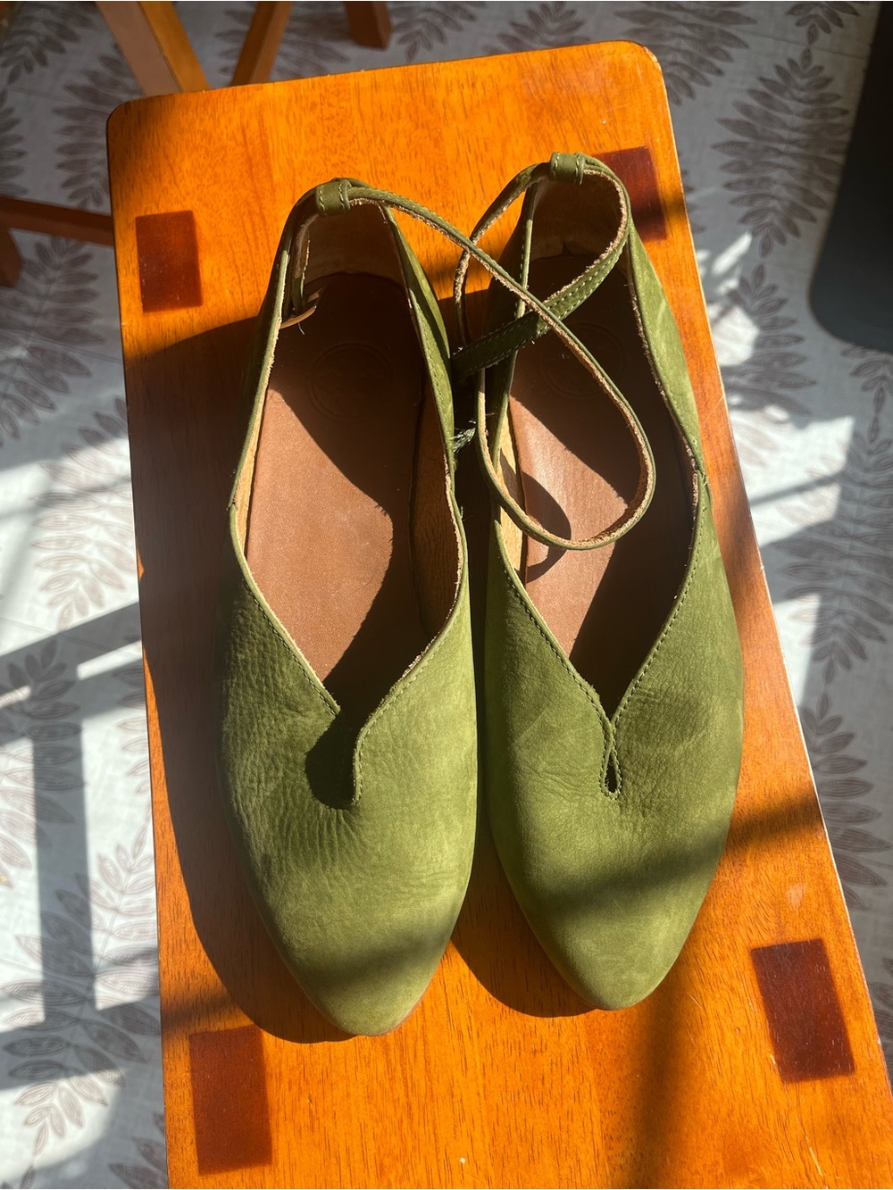 Charleston Shoe Co. Olive Green Suede Crisscross Flats